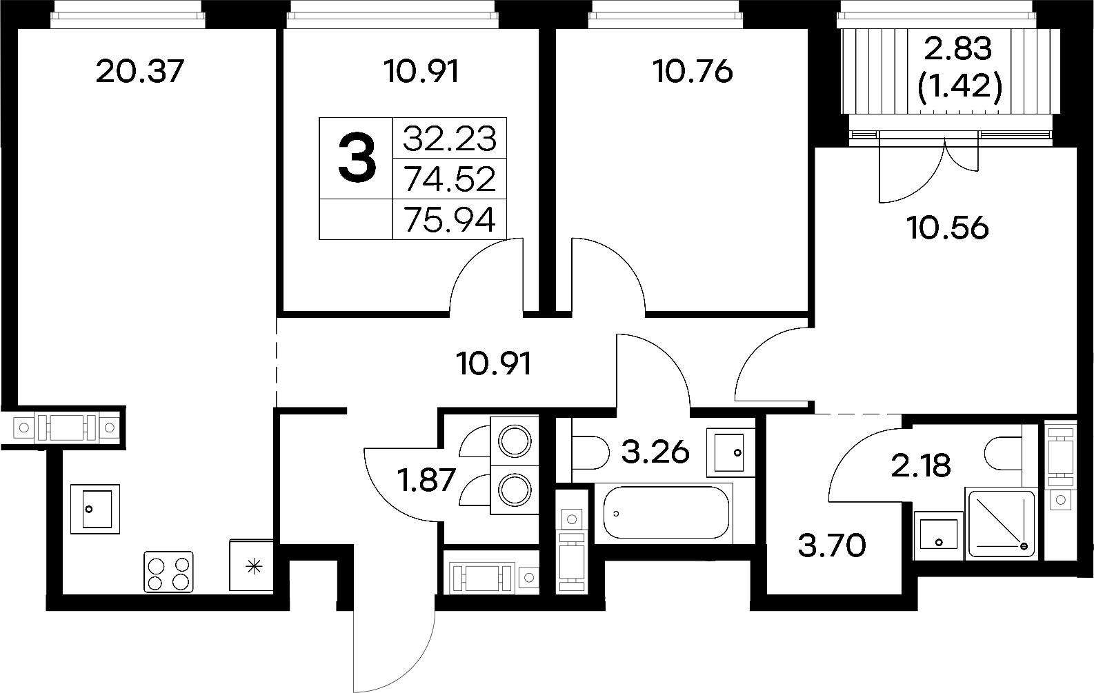 3-комнатная квартира 75.94 м², 16/18 эт., ЖК «Glorax City Василеостровский»